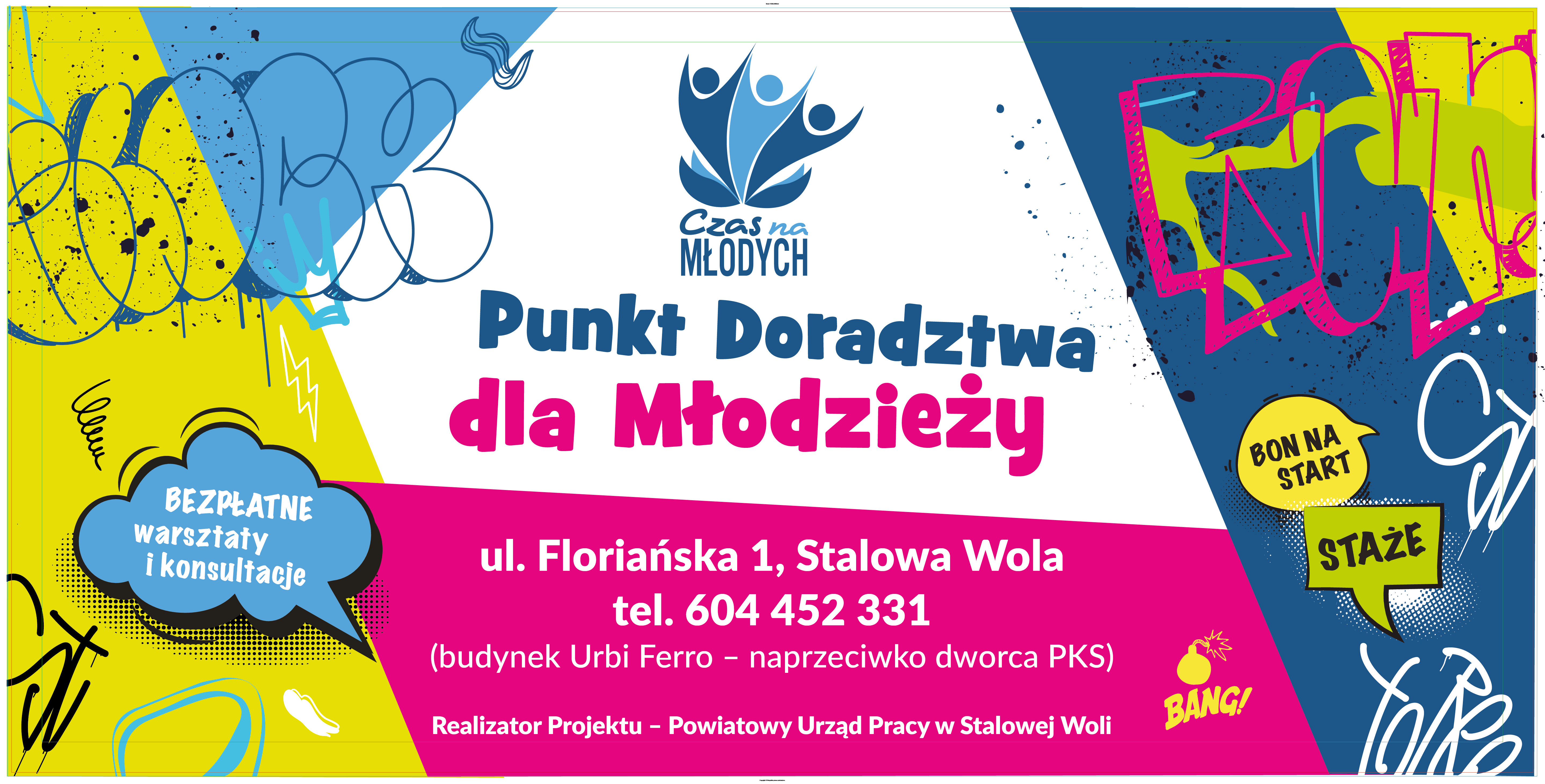 Plakat Punktu doradztwa dla Młodzieży z logo, nazwą i adresem Punktu